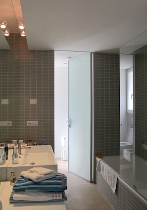 Bañera con ducha, secador de pelo, bidet, toallas