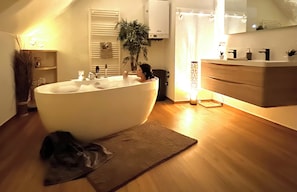 Une salle de bain moderne avec une baignoire sur pieds, un plancher en bois, un miroir au-dessus du lavabo et une plante en pot.