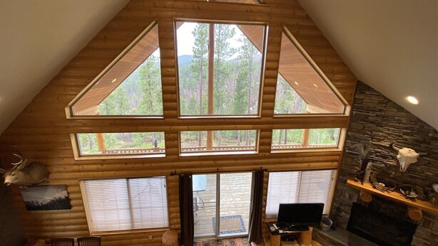 A log cabin with a large central skylight, a stone fireplace, and a view of the surrounding forest.