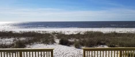 On the beach, sun-loungers, beach towels