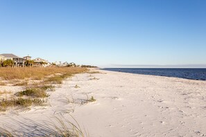 On the beach, sun-loungers, beach towels