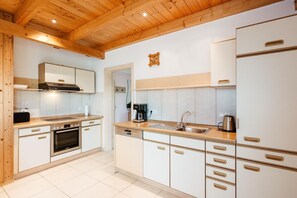 Fridge, stovetop, dishwasher, coffee/tea maker