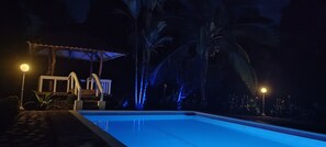 A swimming pool at night with a covered seating area and palm trees.