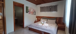 Un dormitorio con cama, mesita de noche, aire acondicionado instalado en la pared, puerta del baño y zona de ducha.