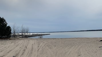 On the beach, sun loungers