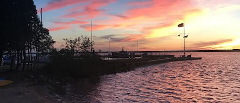 On the beach, sun loungers