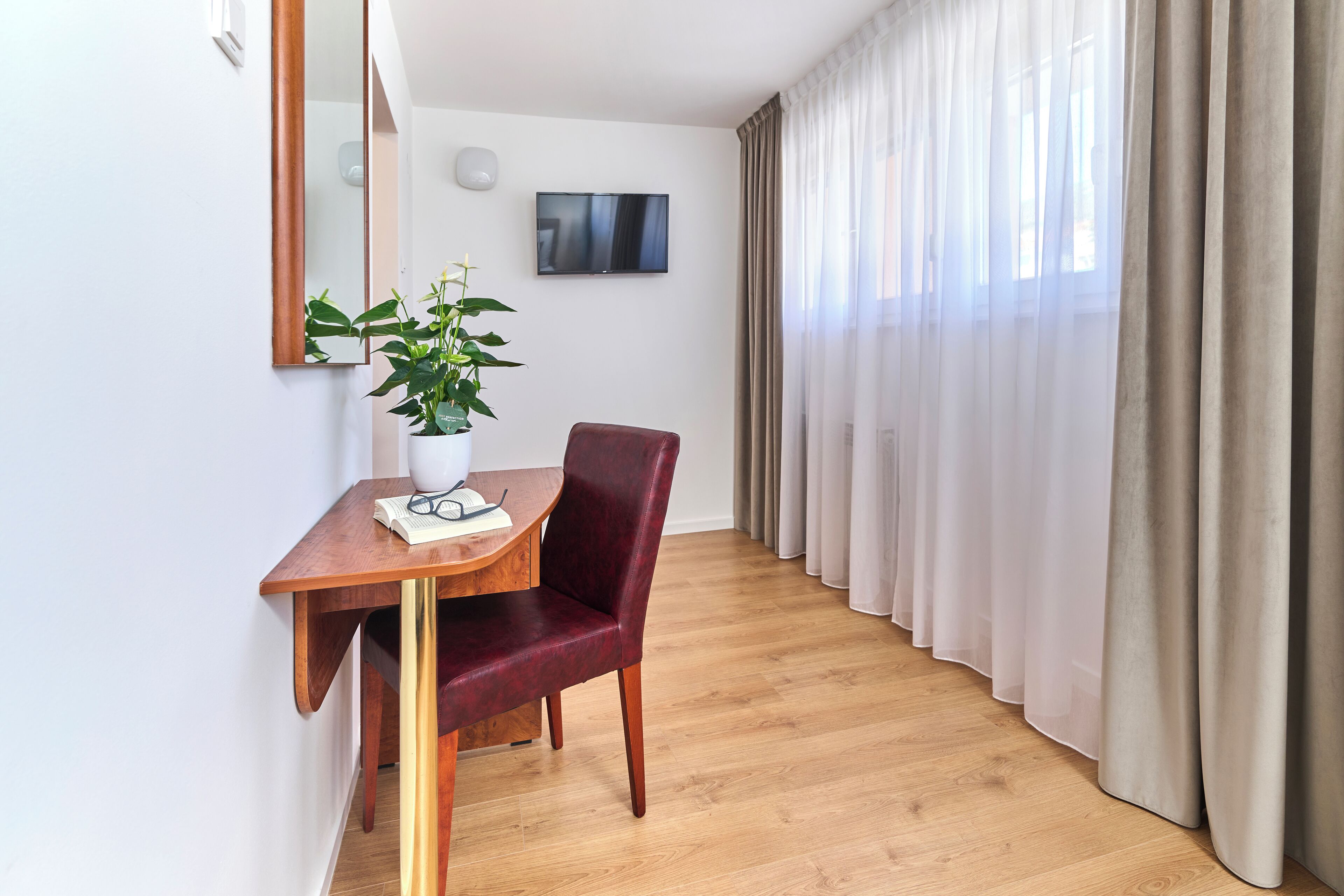 Una habitación con suelo de madera, una silla roja, una mesita con una planta, un espejo y un televisor en la pared.