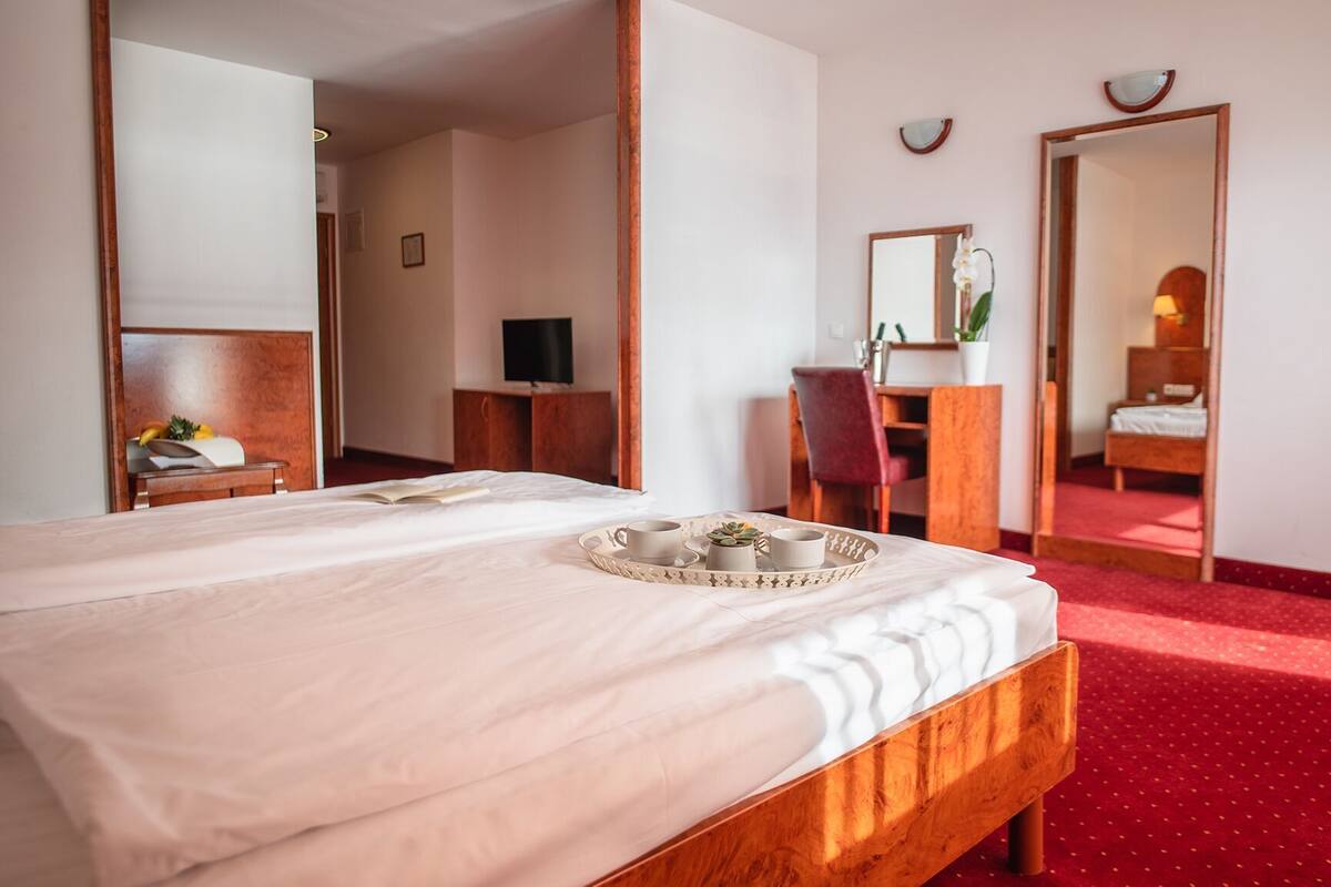 Une chambre d’hôtel avec un grand lit, un bureau, une chaise, une télévision et un miroir.