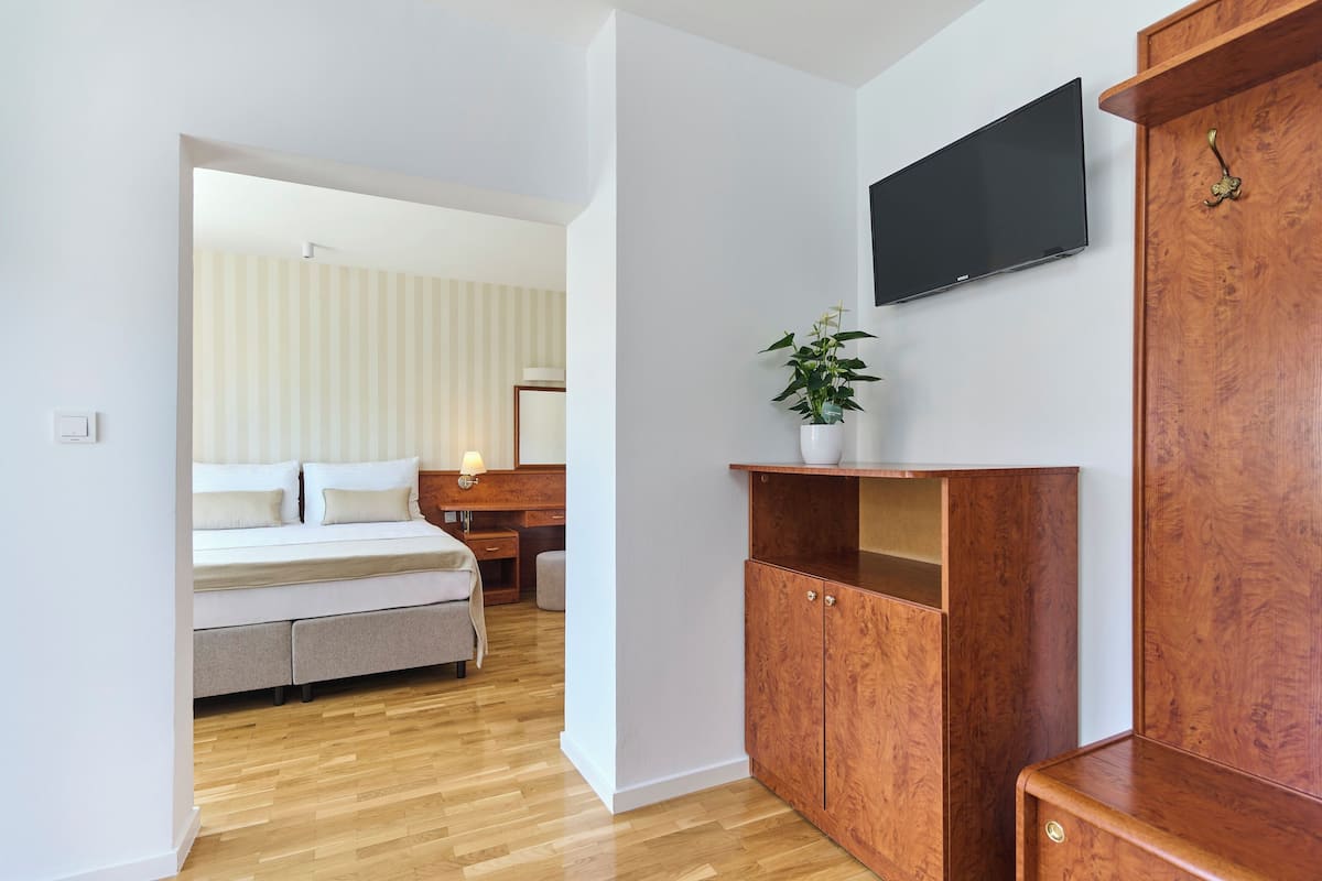 Une chambre à coucher moderne avec un lit, des meubles en bois, une télévision et une plante.