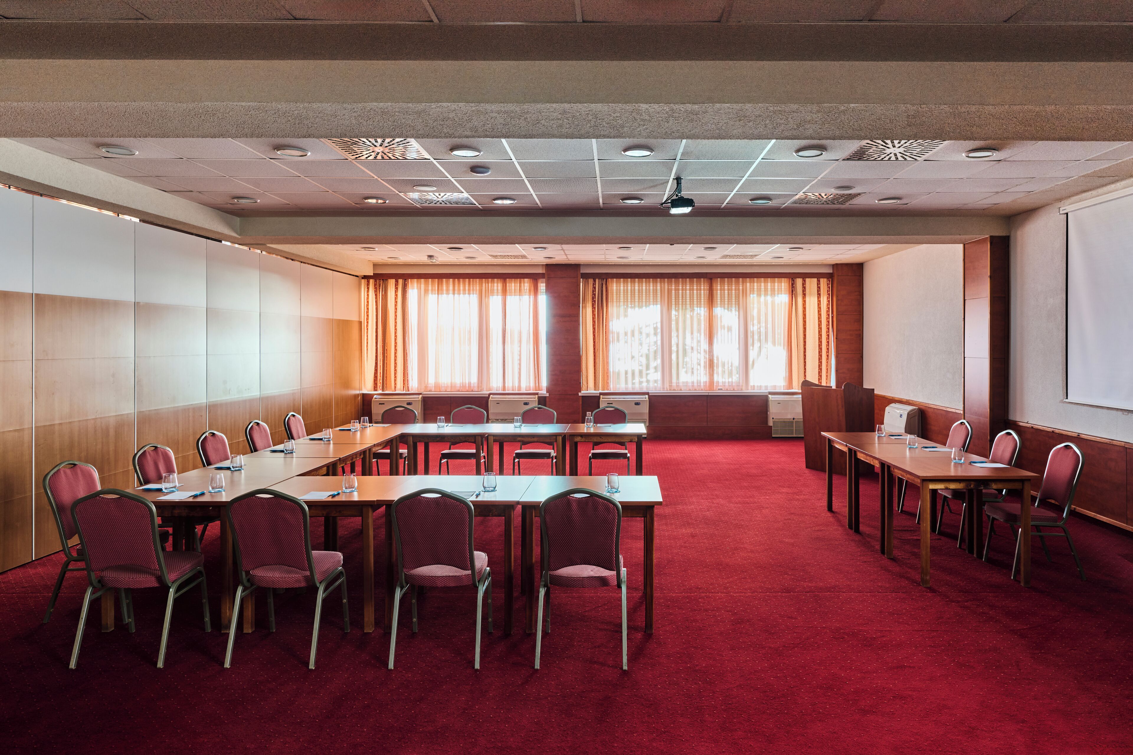 Un salón de conferencias con alfombra roja, varias mesas y sillas.