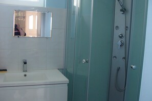 Shower, hair dryer, soap, toilet paper