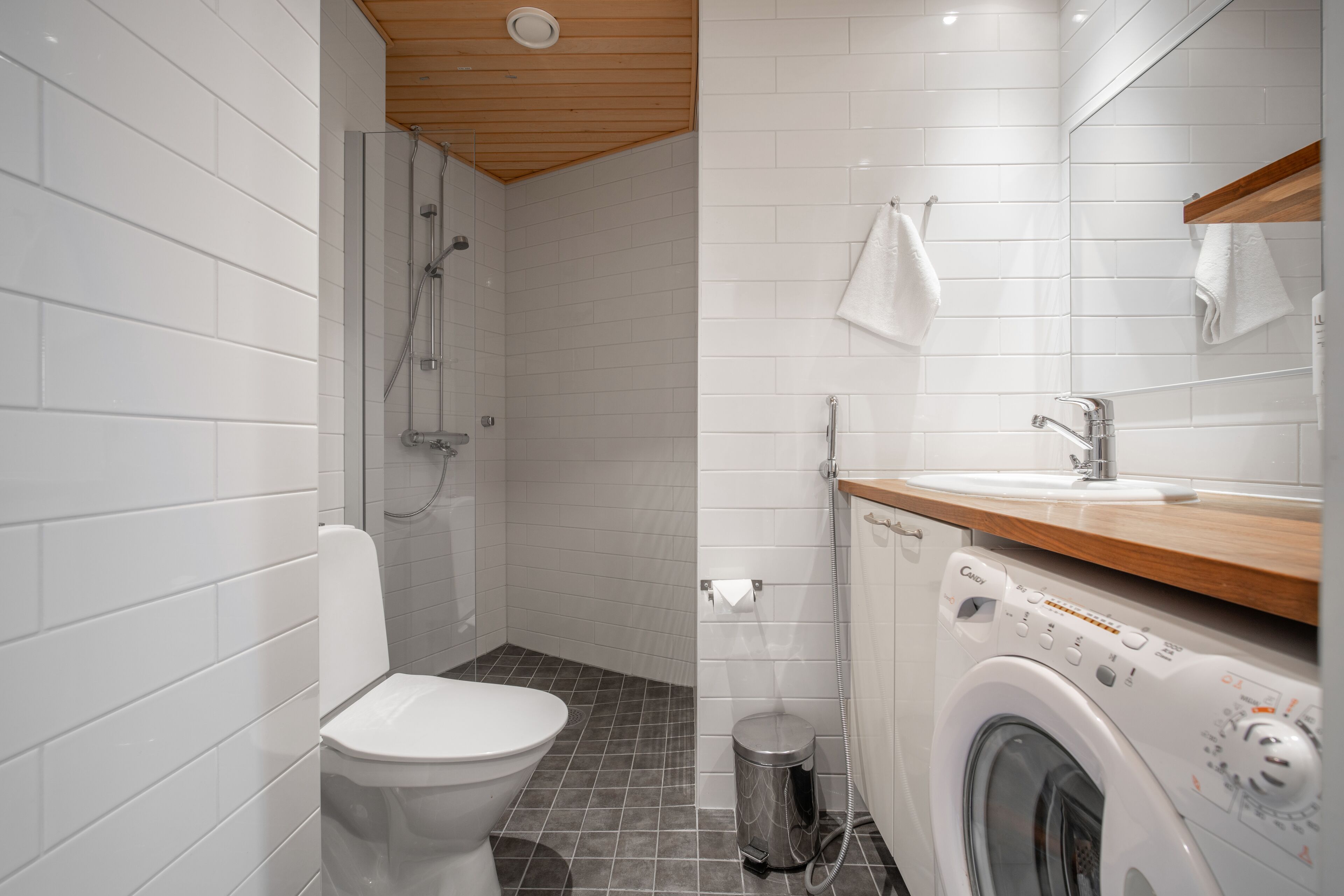 A modern bathroom with a toilet, shower, and washing machine.