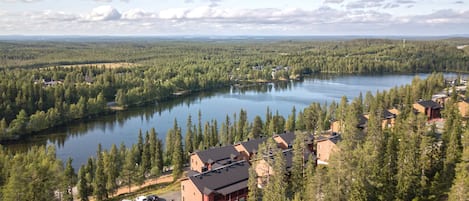 A lakeside property with multiple buildings, a dock, and a forested area.