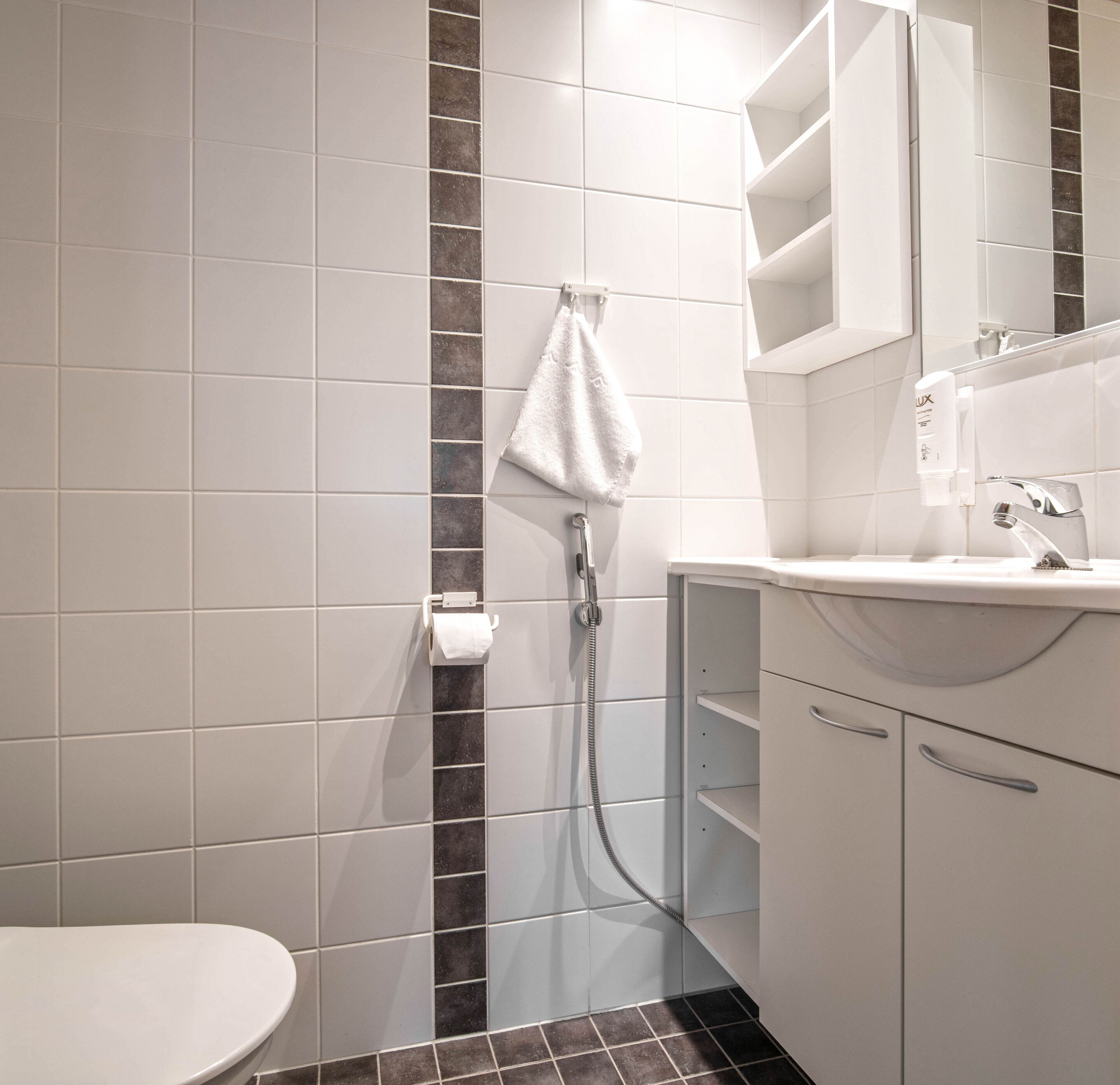 A bathroom with a toilet, a shower, and a sink with a mirror.