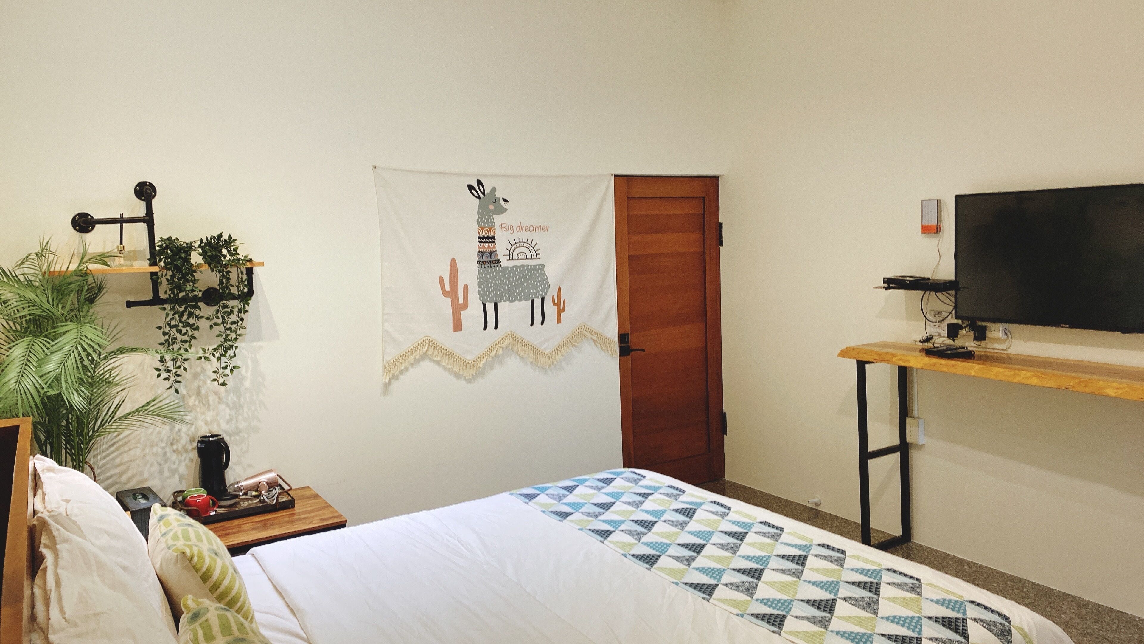 Un dormitorio con cama, televisor sobre un soporte de madera, una puerta y un adorno en la pared.