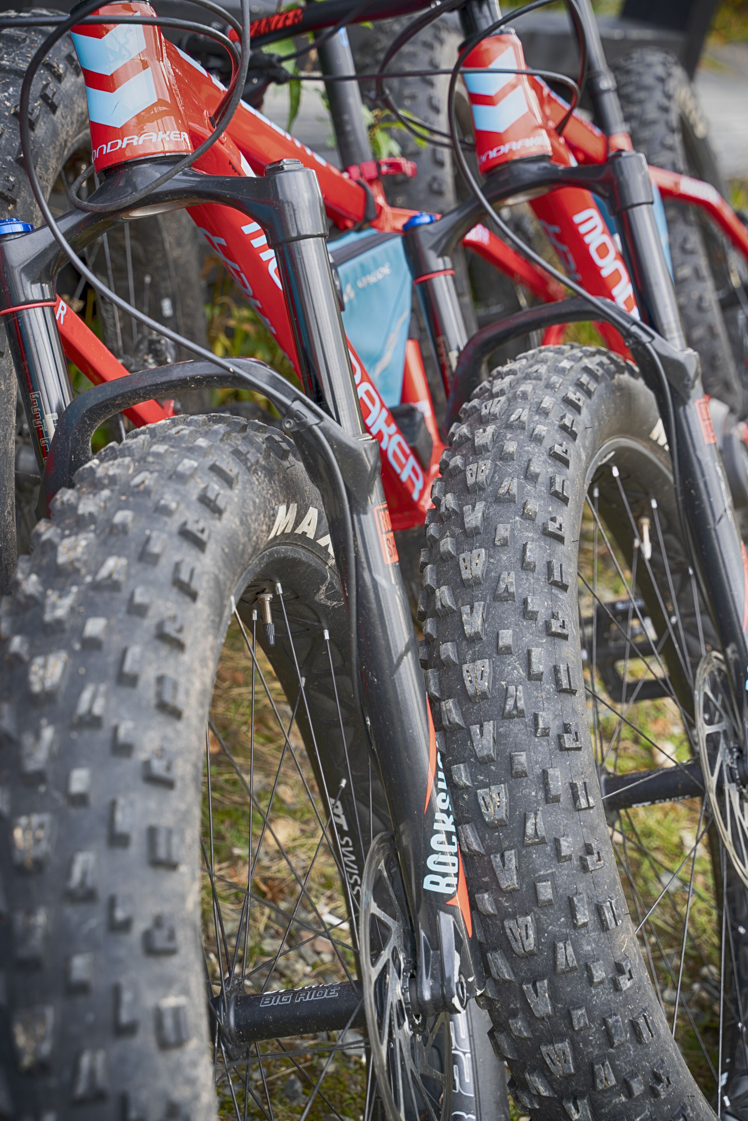 Primer plano de bicicletas de montaña con neumáticos y piezas identificadas con nombres de marca.
