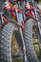 Primer plano de bicicletas de montaña con neumáticos y piezas identificadas con nombres de marca.