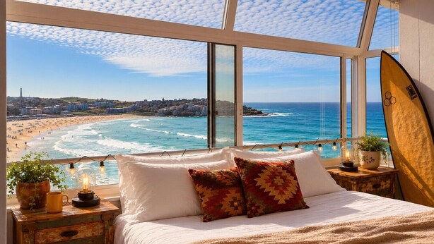 Quarto com uma janela ampla de frente para uma praia, um prancha de surf e uma cômoda de madeira rústica.