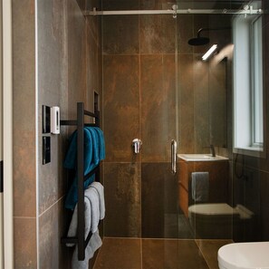 Douche, séchoir à cheveux, serviettes fournies, savon