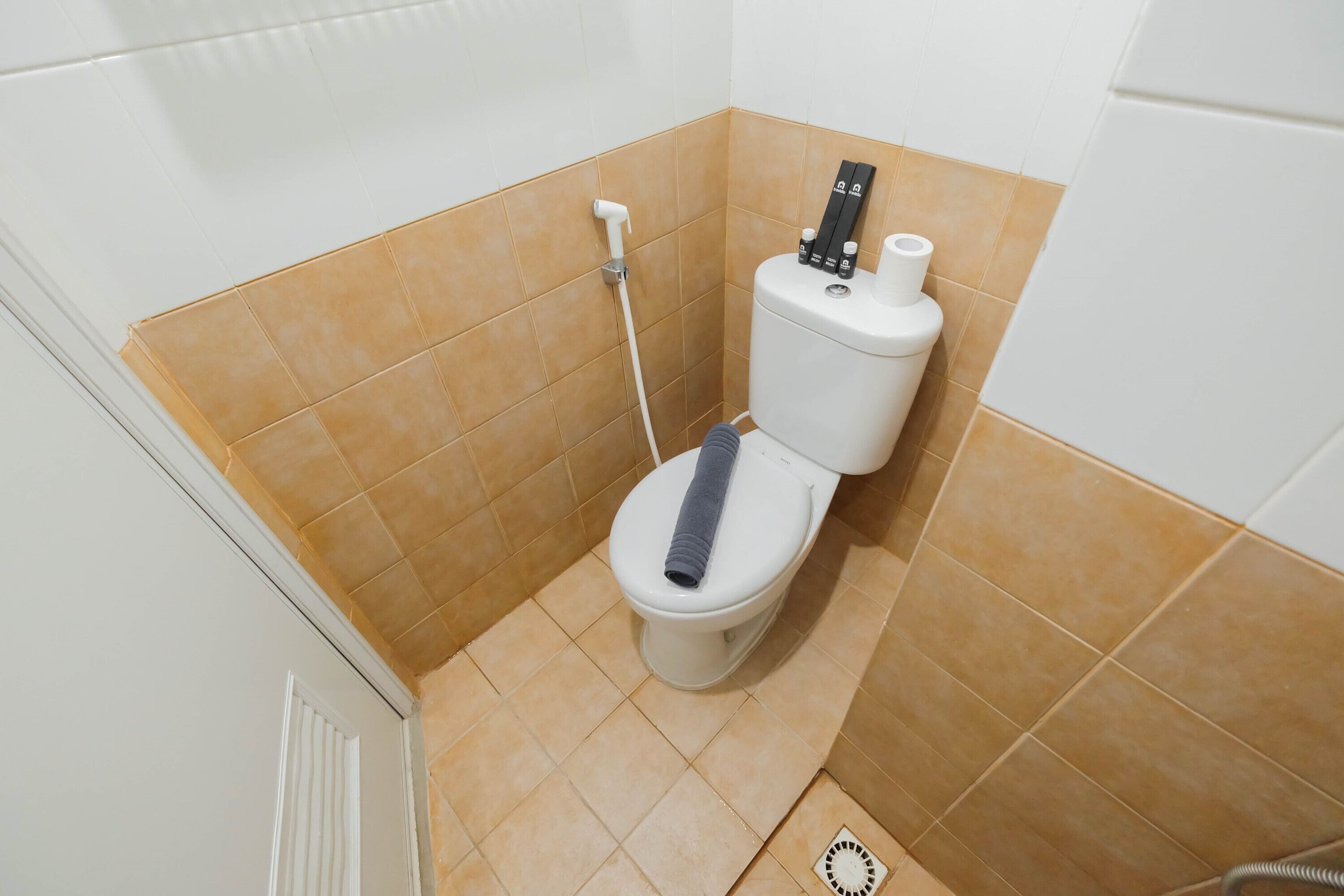 A small bathroom with a toilet, a shower, and a toilet paper holder.