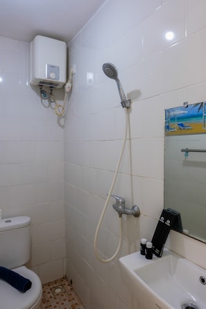 Une salle de bain avec douche, toilettes et lavabo.