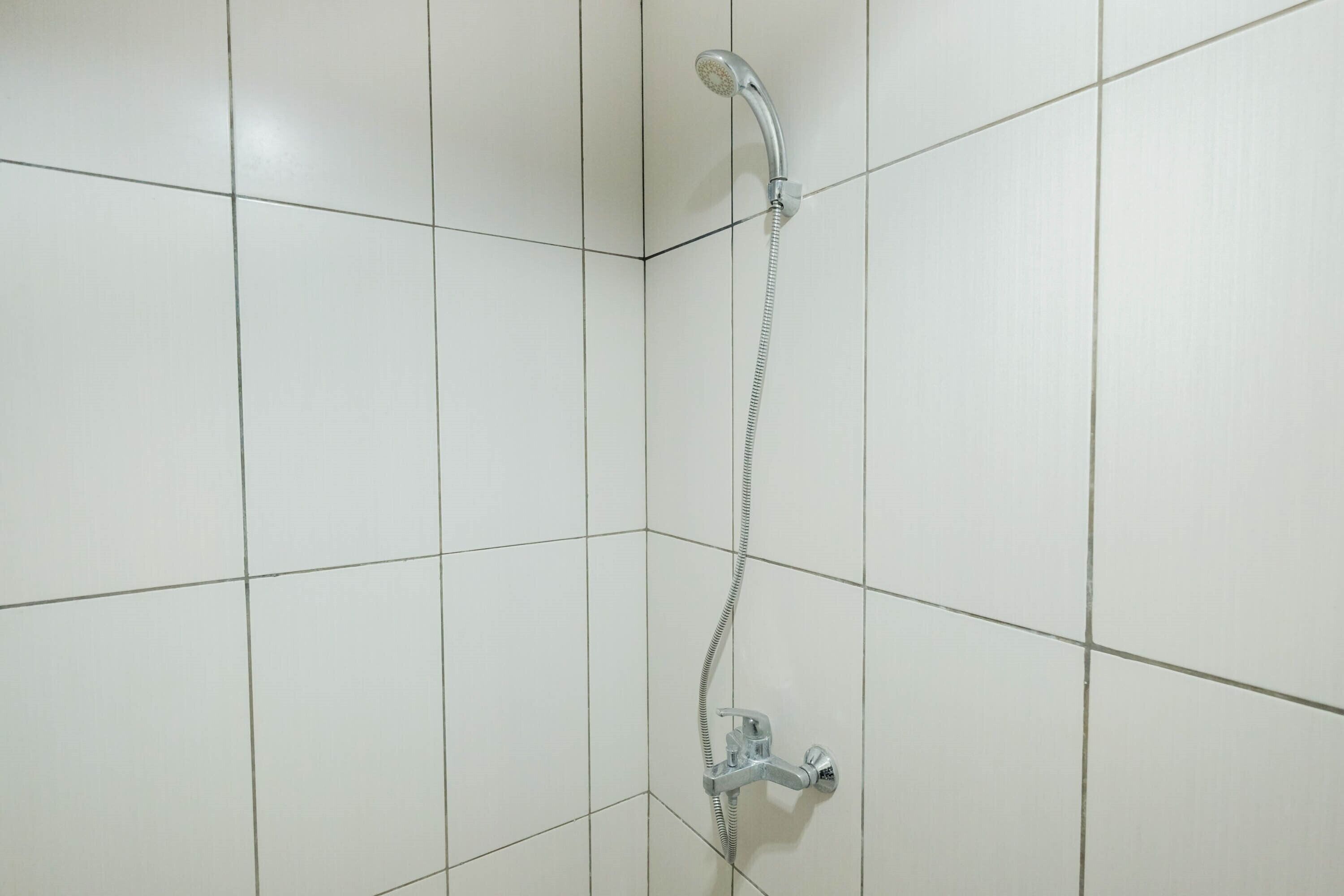 A shower with a handheld showerhead and a fixed wall-mounted faucet in a tiled bathroom.