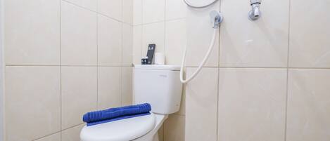 A bathroom with a toilet, a shower, and a toilet paper holder.