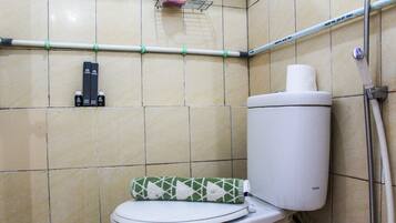 Un inodoro con un dispensador de papel higiénico de diseño verde y blanco, un rollo de papel higiénico blanco y una tubería metálica que recorre la pared.