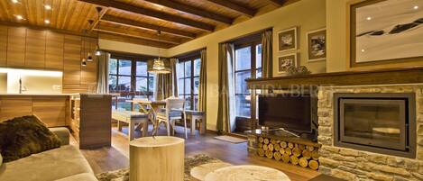 电视、壁炉、DVD 播放器