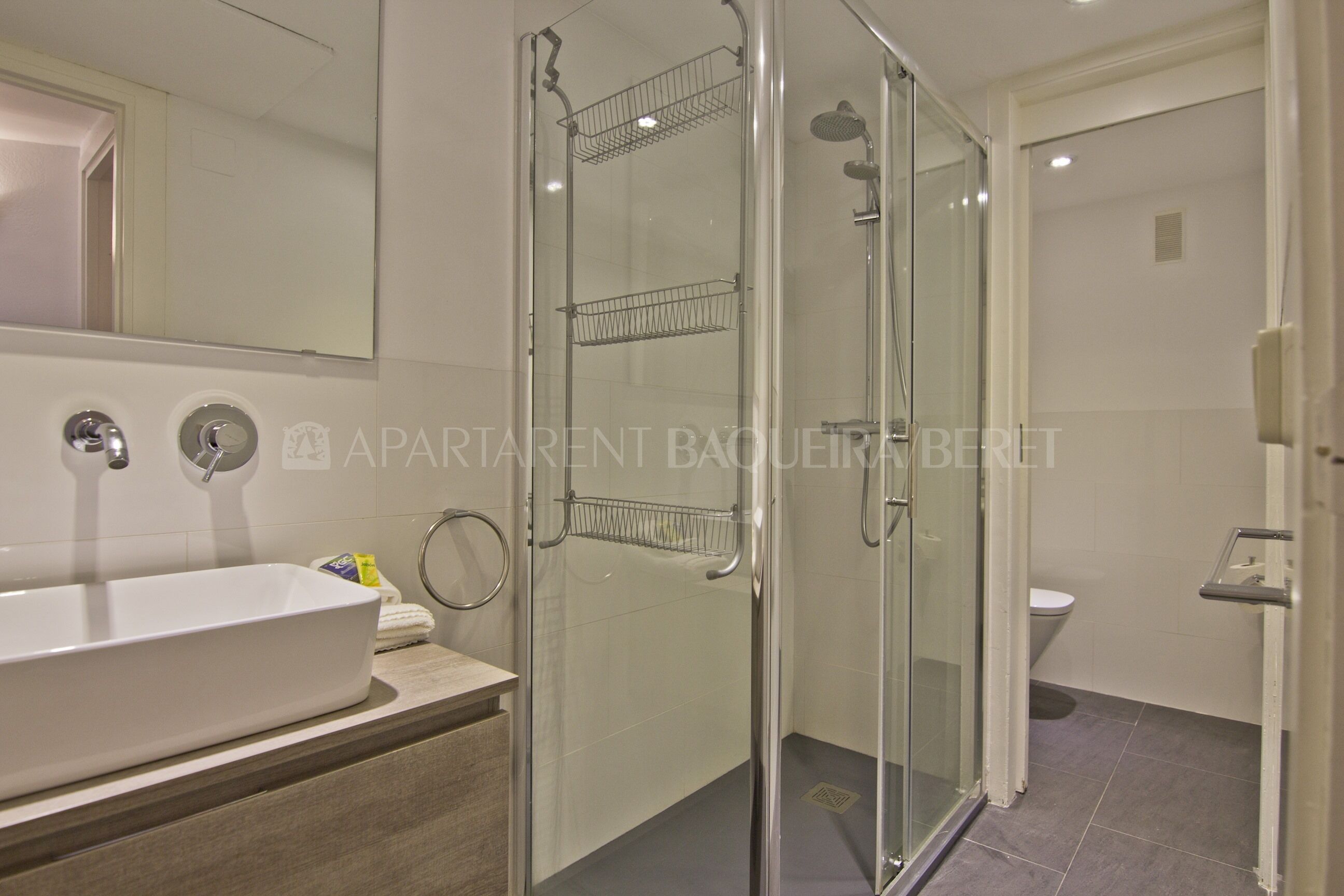 A modern bathroom with a glass-enclosed shower, a white sink, and a toilet.
