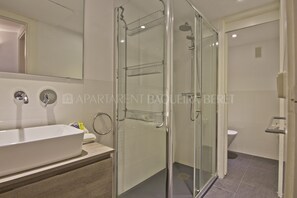 A modern bathroom with a glass-enclosed shower, a white sink, and a toilet. - Guarbes - Edificio Aneto (Baqueira)