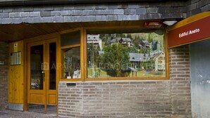 Un edificio con puerta y ventanas de madera, con la leyenda 'Edifici Aneto'.