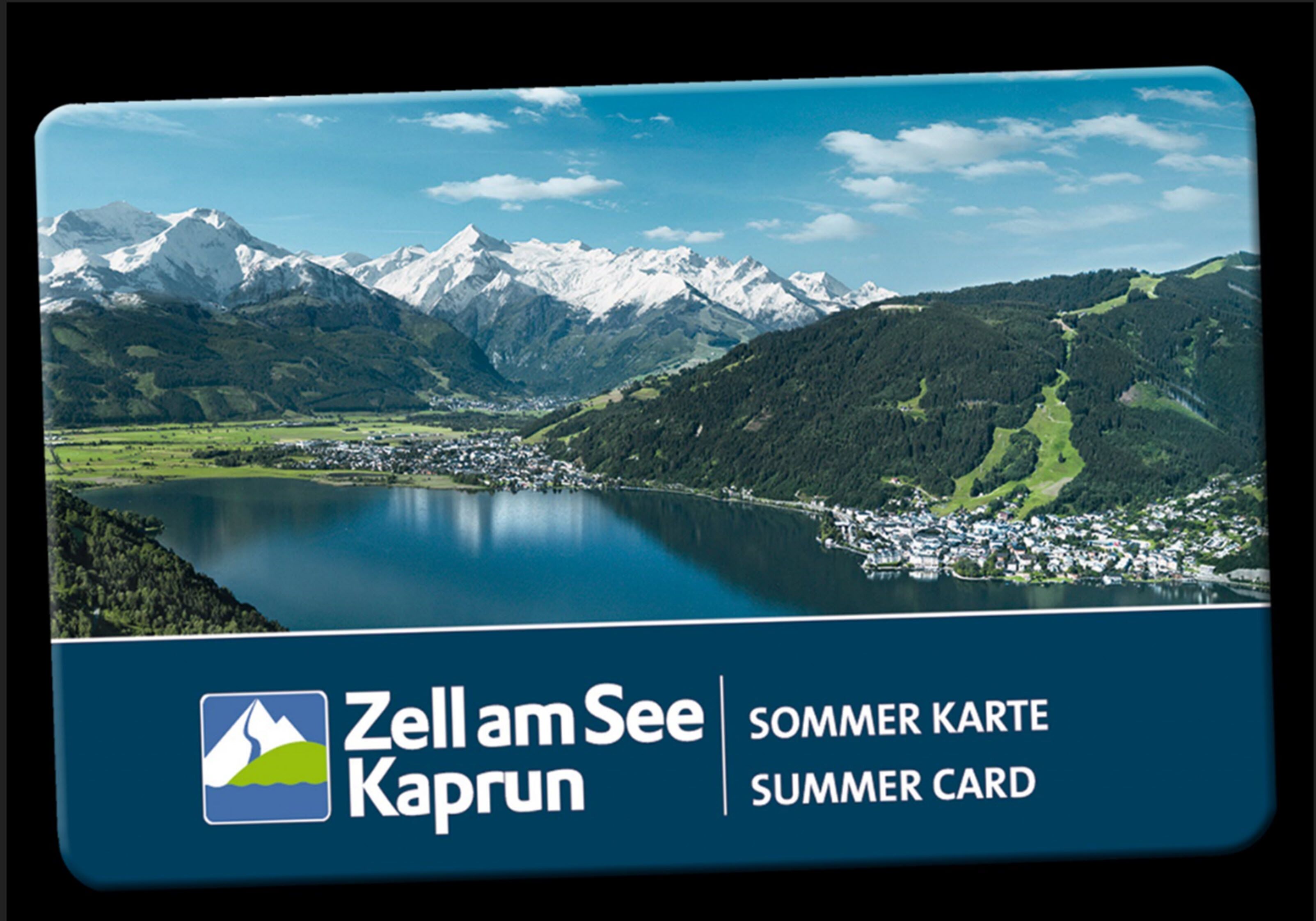 A scenic summer card for Zell am See Kaprun featuring a lake, mountains, and a small town.