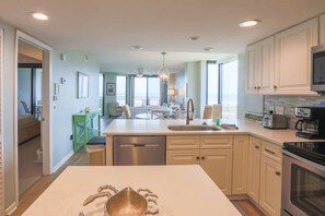 Fridge, microwave, dishwasher, coffee/tea maker