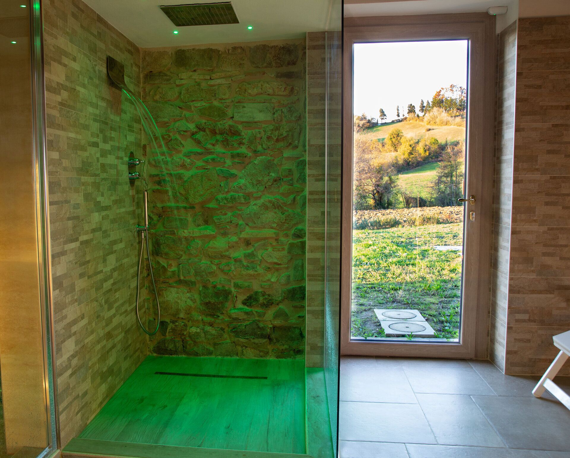 A modern bathroom with a glass shower enclosure, a stone wall, and a view of a green landscape through a glass door.
