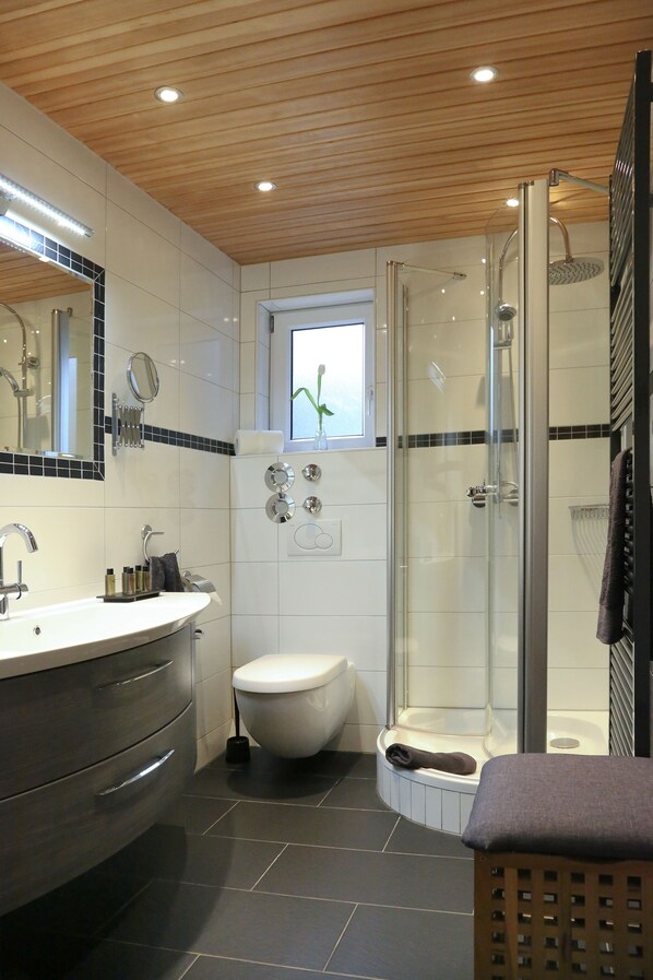 Shower, eco-friendly toiletries, hair dryer, towels