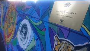 A colorful mural with a prominent eye design and a framed certificate for the Renachó Melgar ZOOMORPHIC SYMPHONY. - ABAI Hostel (Vienna)