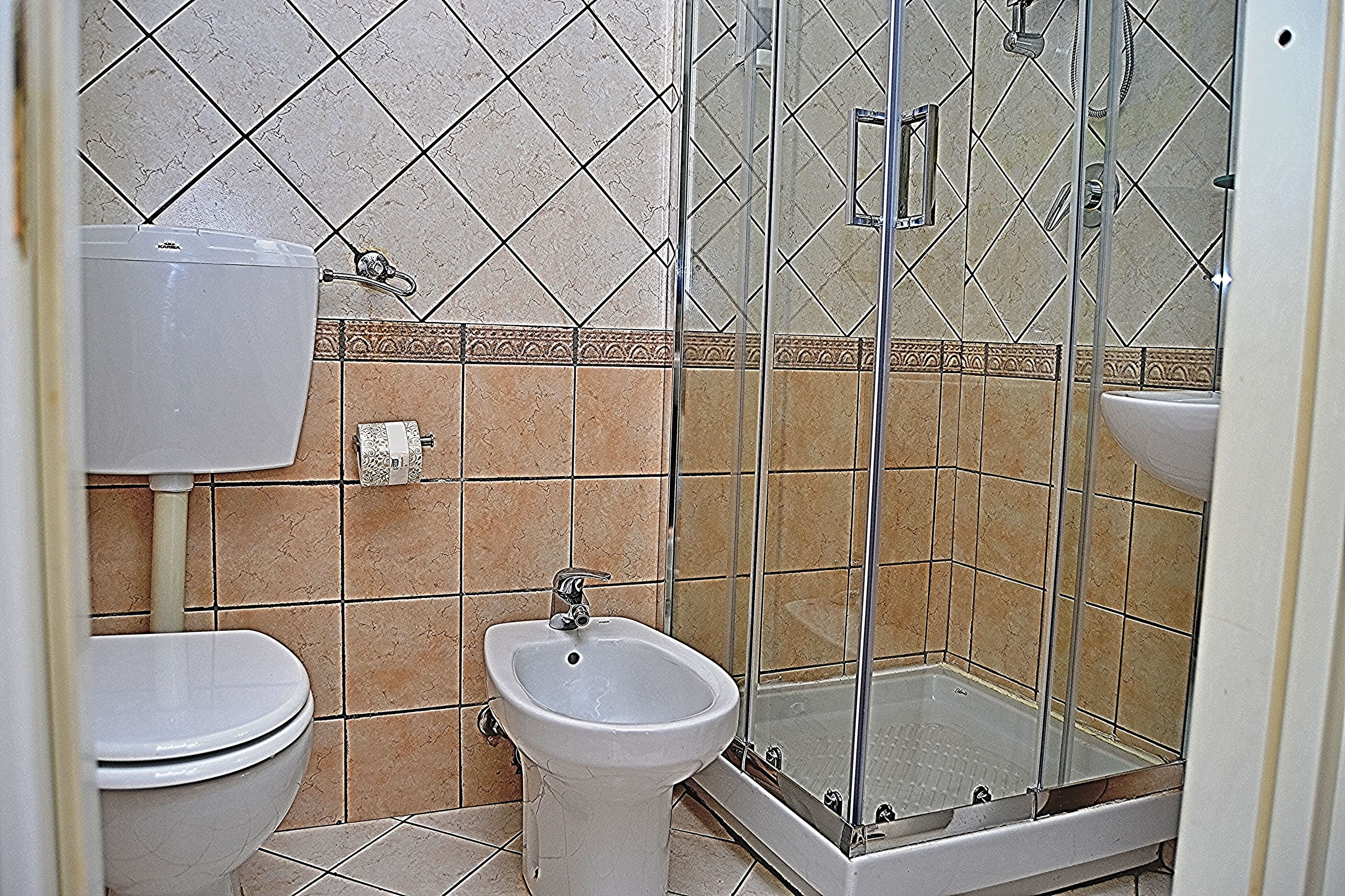 Standaard appartement | Badkamer | Een haardroger, een bidet, handdoeken, zeep