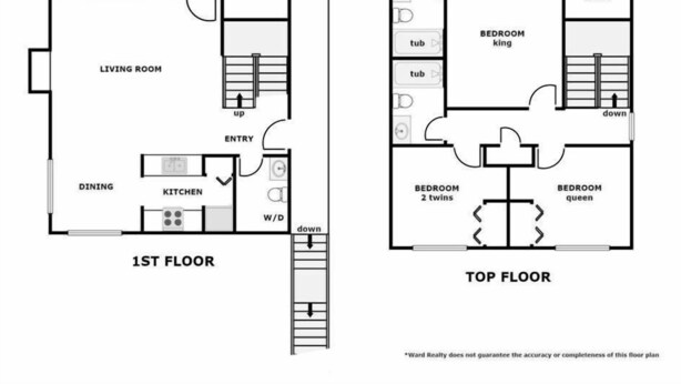 Grundriss eines Anwesens in der 2424 S. Shore Drive, mit Sonnendeck, Wohnzimmer, Essbereich, Küche, Eingangsbereich und zwei Schlafzimmern, die als King- und Queen-Suite gekennzeichnet sind.