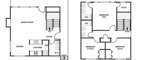 Grundriss eines Anwesens in der 2424 S. Shore Drive, mit Sonnendeck, Wohnzimmer, Essbereich, Küche, Eingangsbereich und zwei Schlafzimmern, die als King- und Queen-Suite gekennzeichnet sind.