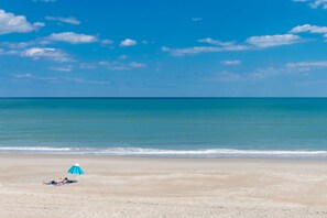 Une plage avec un ciel dégagé et une mer calme.