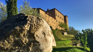 A large rock formation in the foreground with a historic building in the background. - Medieval Tuscan Castle  with 8 bedrooms for 18 guests (Seggiano)
