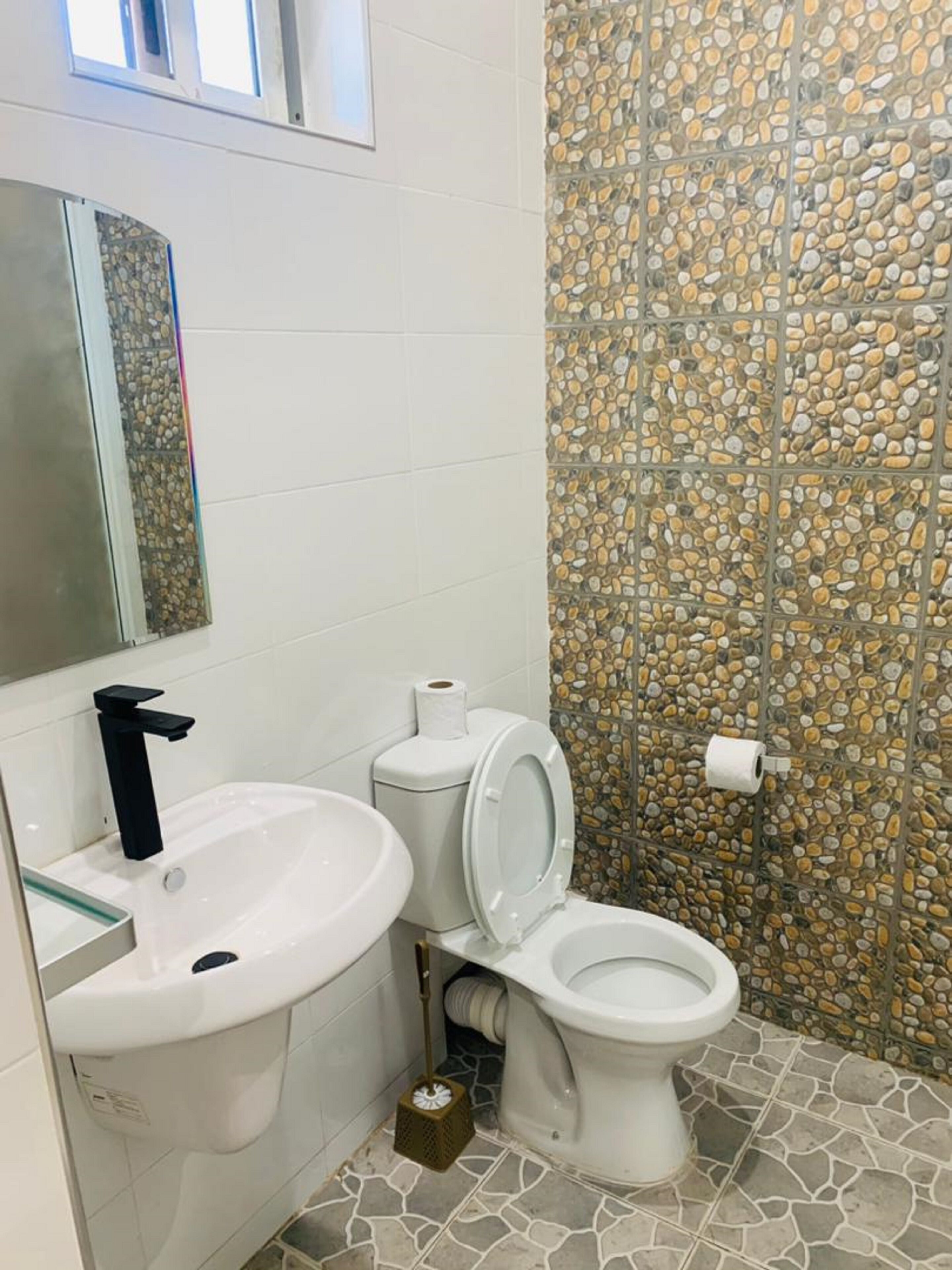 A bathroom with a white toilet, a white sink, and a mirror above the sink.
