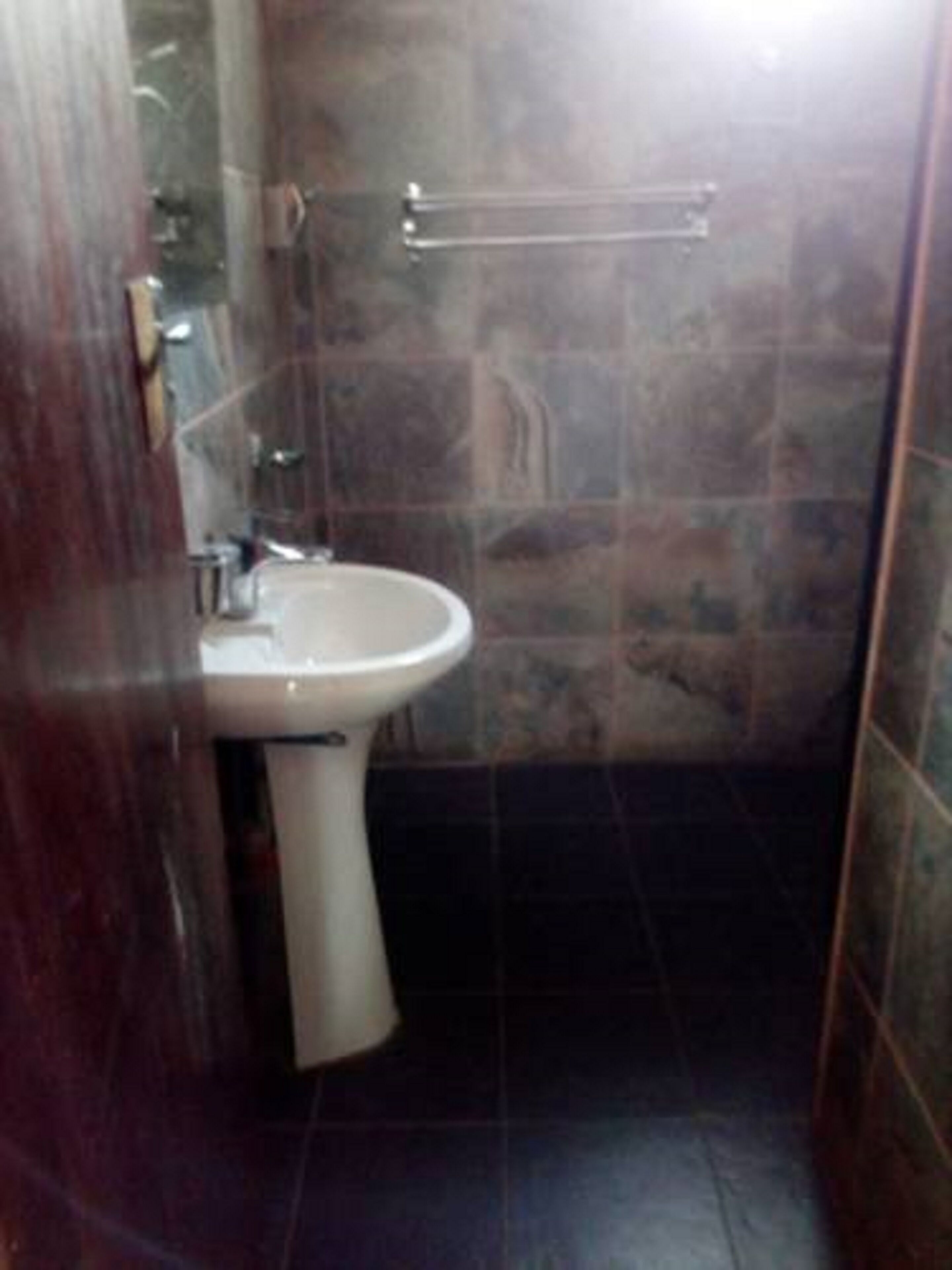 Ein Badezimmer mit einem Standwaschbecken, dunklen Fliesenwänden und einem Handtuchhalter.