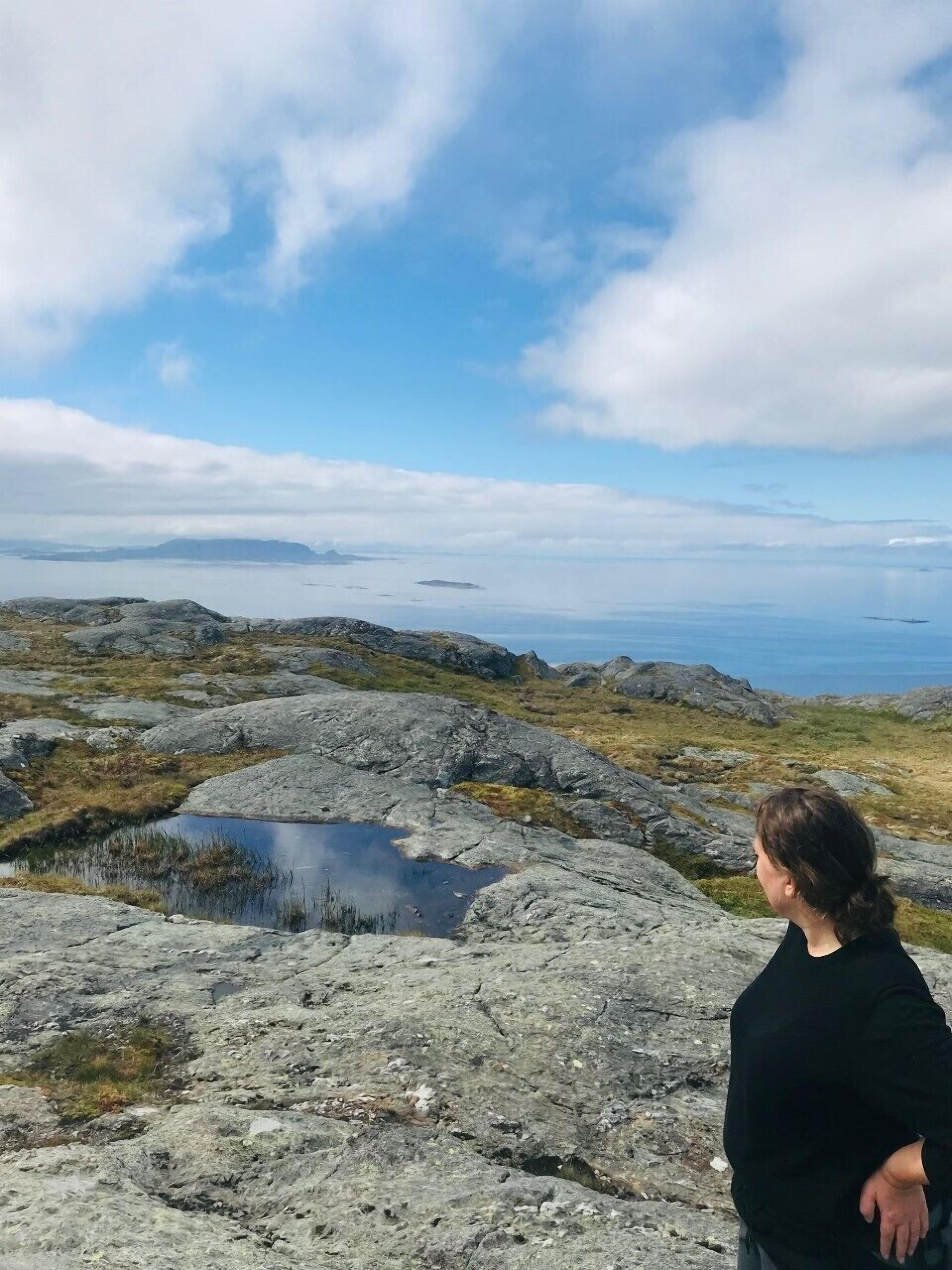 Una persona de pie sobre terreno rocoso, con vista a una masa de agua y formas de relieve a lo lejos.