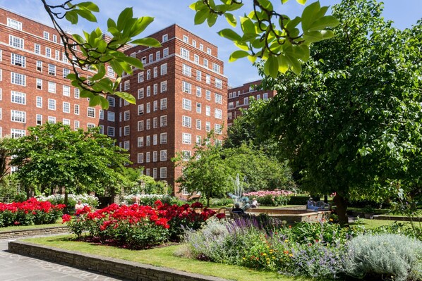 Stroll through the serene garden, surrounded by vibrant flowers and a soothing fountain.