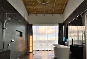 Bathtub, hair dryer, towels, soap
