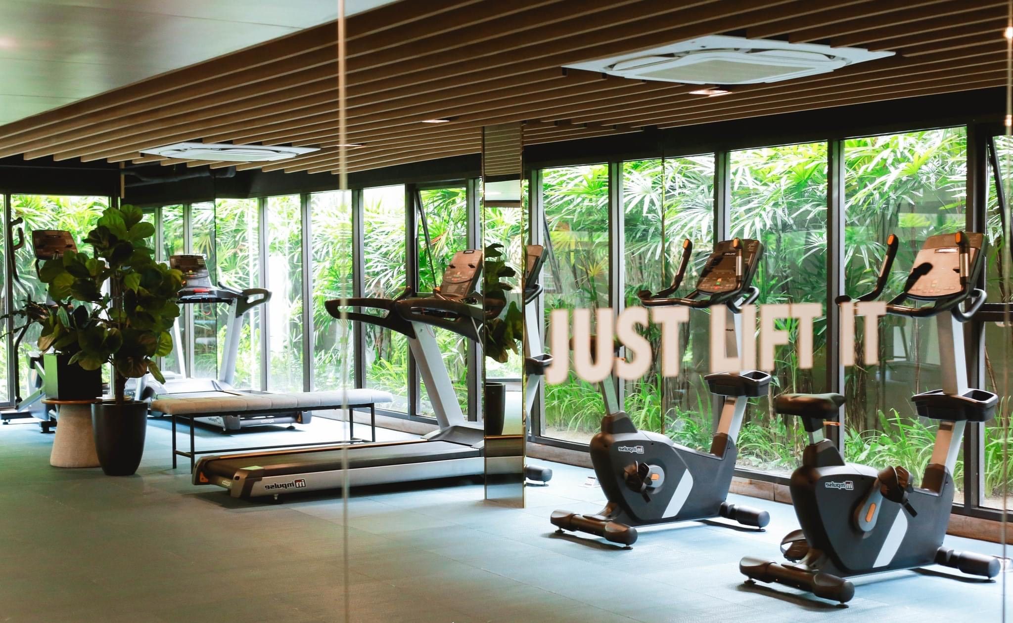 Une salle de sport équipée de matériel d’exercice, dotée de grandes fenêtres et agrémentée de plantes d’intérieur.