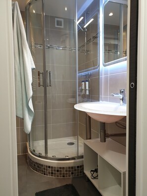 Hair dryer, towels, soap, shampoo
