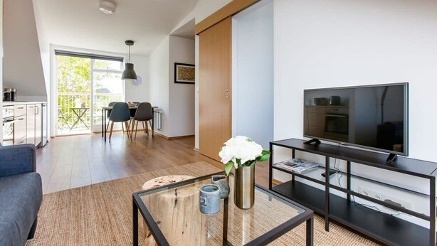 A modern living room with a flat-screen TV, a coffee table, and a dining area with chairs and a table.
